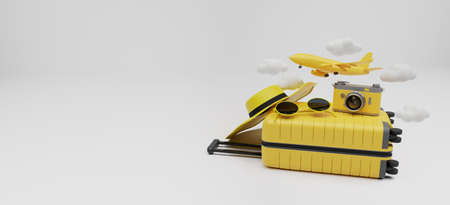 Traveling suitcase with smartphone and travel accessories on yellow background. travel concept. 3d rendering.の写真素材