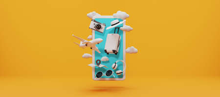 Summer minimal, Traveling suitcase with smartphone and travel accessories on yellow background....