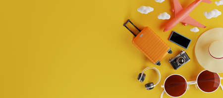 Traveling suitcase with smartphone and travel accessories. travel concept. 3d rendering.の写真素材