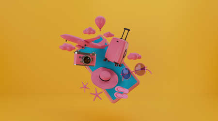 Traveling suitcase with smartphone and travel accessories. travel concept. 3d rendering.