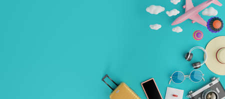 Traveling suitcase with smartphone and travel accessories. travel concept. 3d rendering.の写真素材