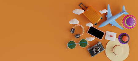 Traveling suitcase with smartphone and travel accessories. travel concept. 3d rendering.の写真素材