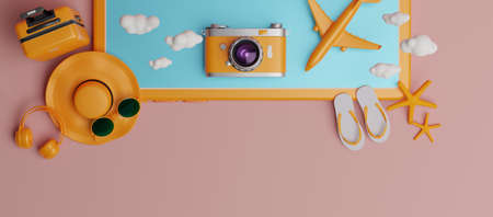 Traveling suitcase with smartphone and travel accessories. travel concept. 3d rendering.の写真素材