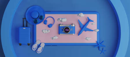 Traveling suitcase with smartphone and travel accessories. travel concept. 3d rendering.の写真素材