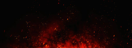 Fire embers particles over black background. Fire sparks background. Abstract dark glitter fire...