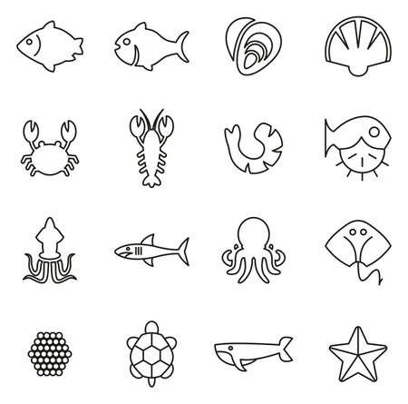 Seafood or Sea Life Icons Thin Line Vector Illustration Setのイラスト素材