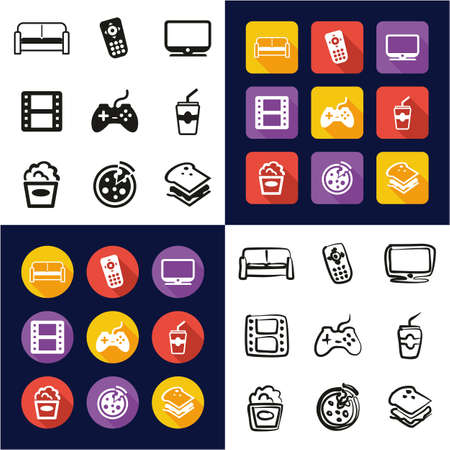 Couch Potato All In One Icons Black White Color Flat Design