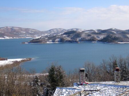 Plastira lake, Greece, Saturday 25 January 2020 winter with snow view of the place background printsの写真素材