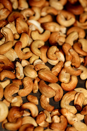 Backed cashews close up background modern high quality print Anacardium occidentale family anacardiaceaeの写真素材