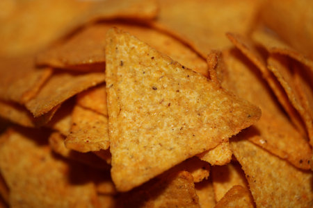 Homemade tortilla spicy chips made with flat bread and baked in oven close up macro background big...