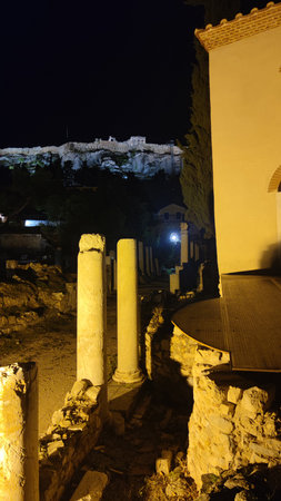 Athens night with Monastiraki square and old Plaka Acropolis hill on foot walking exploring Greece big size high quality printの写真素材