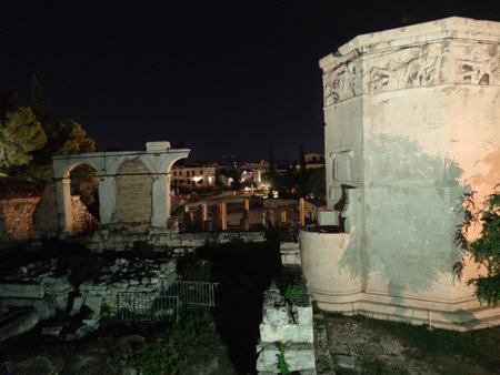 Athens night with Monastiraki square and old Plaka Acropolis hill on foot walking exploring Greece big size high quality printの写真素材