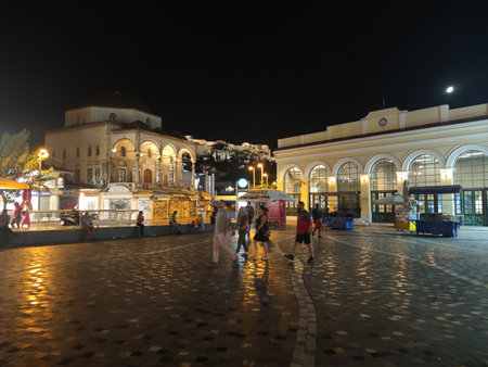 Athens night with Monastiraki square and old Plaka Acropolis hill on foot walking exploring Greece big size high quality printの写真素材
