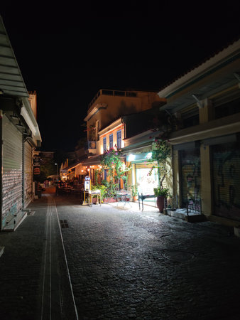 Athens night with Monastiraki square and old Plaka Acropolis hill on foot walking exploring Greece big size high quality printの写真素材
