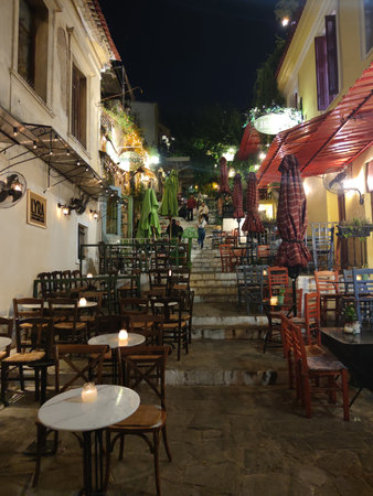 Athens night with Monastiraki square and old Plaka Acropolis hill on foot walking exploring Greece big size high quality printの写真素材