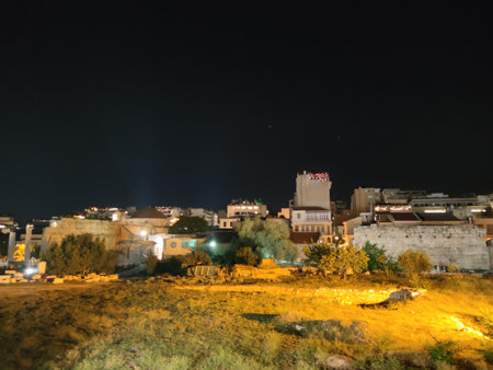 Athens night with Monastiraki square and old Plaka Acropolis hill on foot walking exploring Greece big size high quality printの写真素材