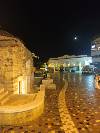 Athens night with Monastiraki square and old Plaka Acropolis hill on foot walking exploring Greece big size high quality printの写真素材