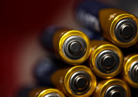 Close up background of various alkaline rechargeable batteries AA for modules mass production accumulators high power and energy for electric vehicles high quality big size prints wall postersの写真素材