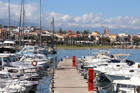 Rethimno, Greece, Friday 15 March 2024 Crete island holidays exploring the city port riviera luxury yachts close up summer background carnival season high quality big size printsのeditorial素材