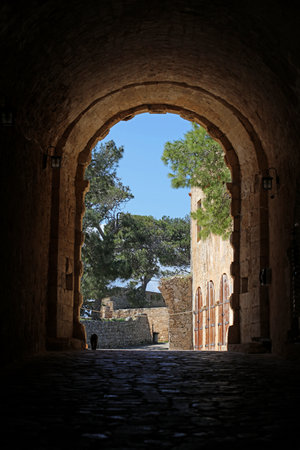 Fortezza fortress castle in Crete island holidays exploring the old ancient stone city monuments close up summer background carnival season high quality big size printingsのeditorial素材