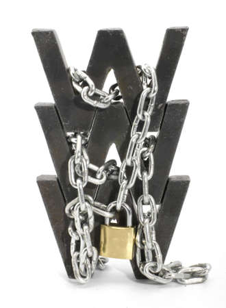 Three metal WWW letters chained and locked with padlockの写真素材