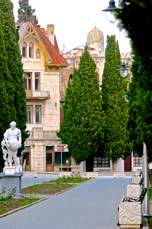 Simeiz, Crimea / Russia - Aprel 18, 2015 - Central park and cypress avenue in Simeiz, Crimea, Russiaのeditorial素材