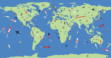 Traveling around the world.Flat globe with airplanes buses autos ships trains.interesting background. Vector illustrationのイラスト素材