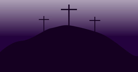 Banner with calvary three crosses. Picture for Easter. Crucifixion against the background of sunset. Stock image.のイラスト素材