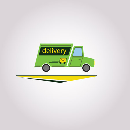 Delivery truck transporting a big cardboard package. Flat styleのイラスト素材