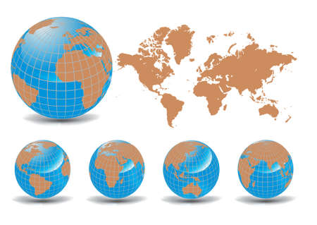 World map with Earth globes in white background (part of full set)のイラスト素材
