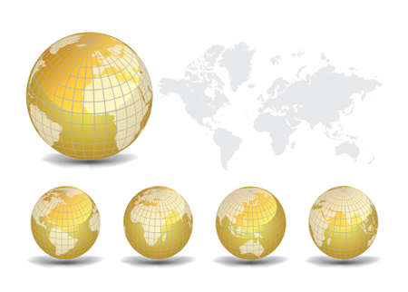 World map with Earth globes in white background (part of full set) のイラスト素材