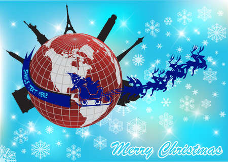 santa in his sleigh with his reindeer around the world のイラスト素材
