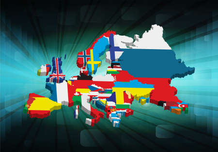 3D outline European map with national flag, vector illustration のイラスト素材