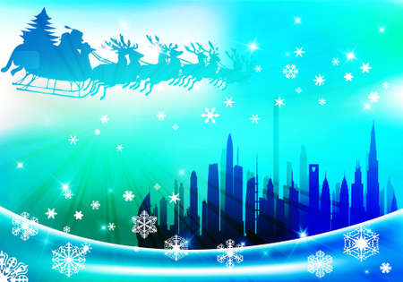 Urban holiday background with flying Santa Clause, vector illustrationのイラスト素材