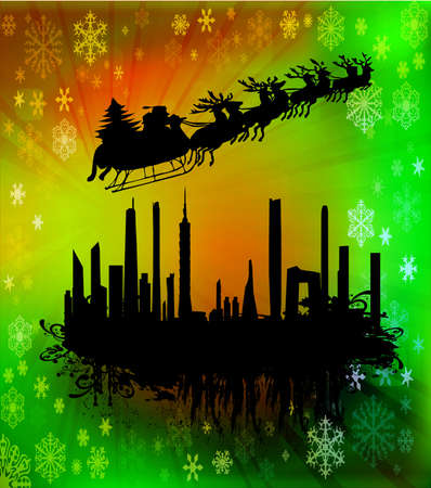 Urban holiday background with flying Santa Clause, vector illustrationのイラスト素材