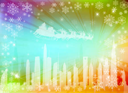 Urban holiday background with flying Santa Clause, vector illustrationのイラスト素材