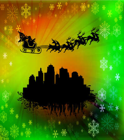 Urban holiday background with flying Santa Clause, vector illustrationのイラスト素材