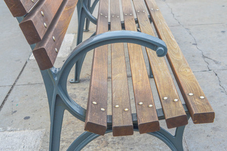 Wood bench in old port, Montreal, Canadaの写真素材