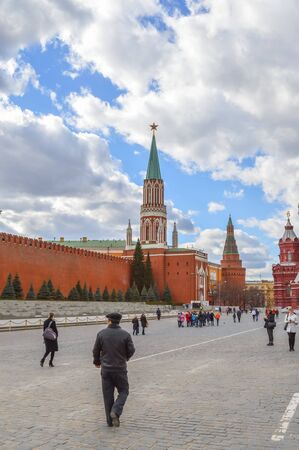 Moscow, Russia - July 10, 2015: Red Square with Vasilevsky descent. Kremlin. People can be seen around.のeditorial素材