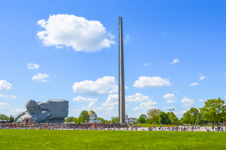Main monument Brest Fortress - sculpture of Unknown soldier and hundred-meter bayonet obelisk, Belarus.のeditorial素材