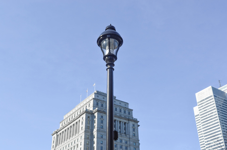 Street lamp and skyscrapers in Montreal downtown, Canadaの写真素材