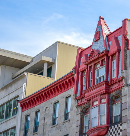The old building with red roof on the little street in the chinatown quarter of Montreal, the third biggest chinatown.の写真素材