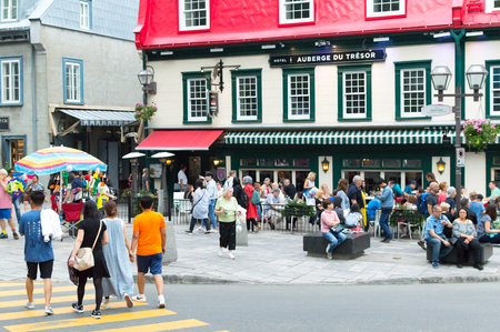 Quebec City, Quebec, Canada - June 23,  2018: Pedestrian exploring french charm of old townのeditorial素材