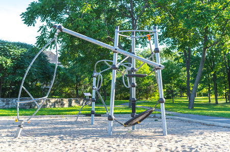 Modern children playground in park in Canadaの写真素材