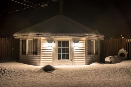 Small shed at night in winter, Canadaのeditorial素材