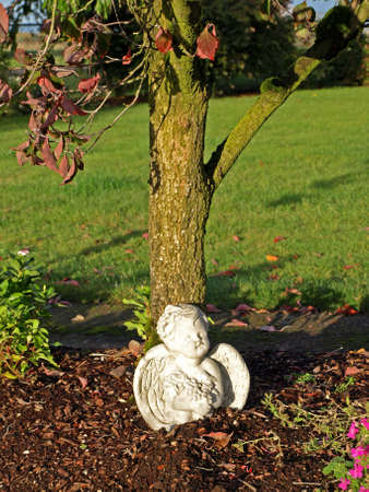 Angel garden statue sitting next to a treeの写真素材