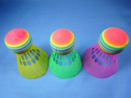colourfull plastic shuttlecocks in blue background. Photo taken in Malaysia, south east asiaの写真素材