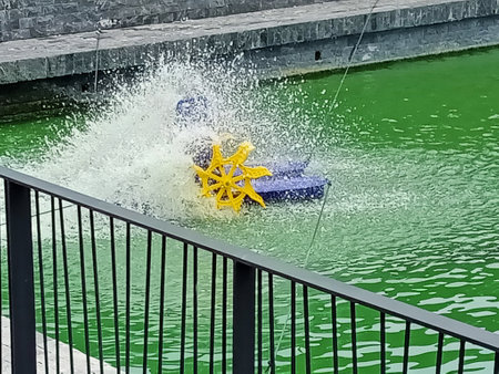 A manmade lake with aeration system close up. photo taken in malaysia in a tourist attraction spotの写真素材
