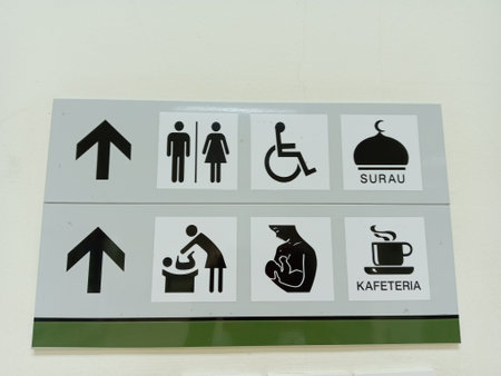 Restaurant sign on the wall with toilet, prayer and cafeteria sign. photo taken in malaysiaの写真素材