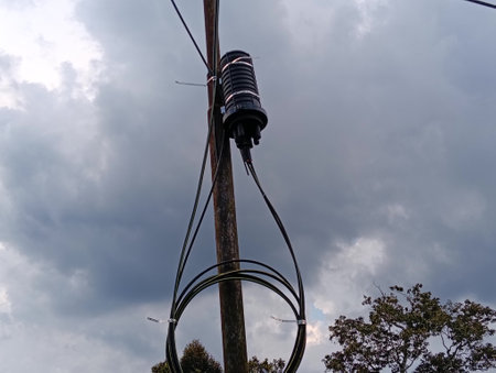 Aerial dome closure service loops for fibre optic service for internet close up. photo taken in malaysiaの写真素材